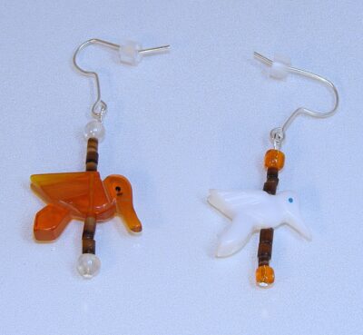 NATIVE AMERICAN CARVED BIRD EARRINGS ORANGE & WHITE
