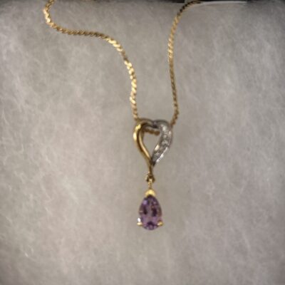 Gold Amethyst Drop and Heart Necklace