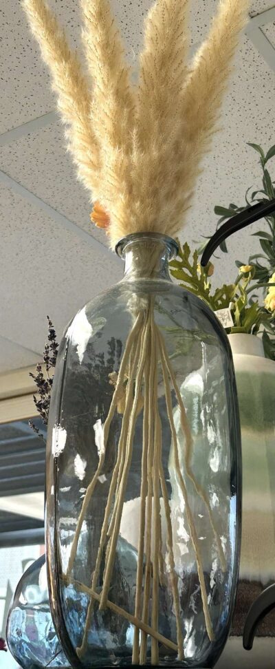 Large Blue Glass Bottle Vase with dried floral