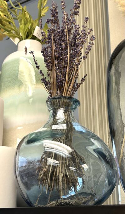 Small Blue Glass Bottle Vase with dried floral