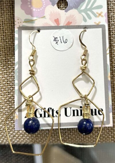 Gold Pentagon & Lapis Hoop Earrings