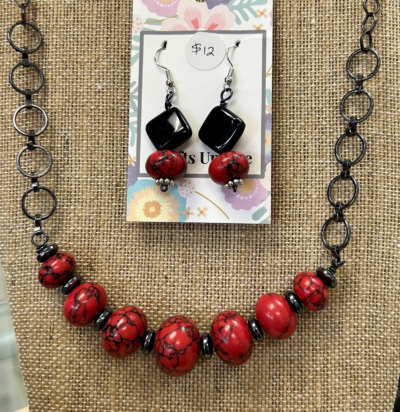 Black on Red Veined & Hematite Necklace