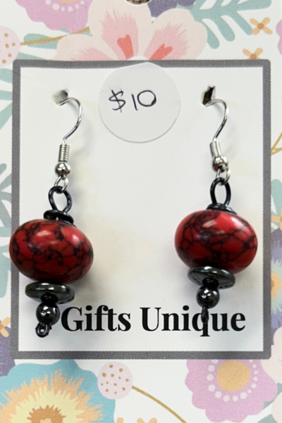 Black on Red Veined with Hematite Earrings