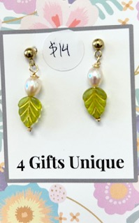 Gold Post Green Leaf and Pearl Earrings