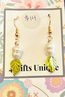 Olive Green Leaf & Pearl Earrings