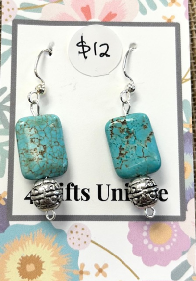 Silver Round Filigree Rectangle Turquoise Earrings