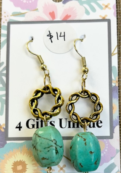 Gold Braid Green Turquoise Earrings
