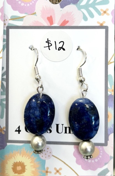 Oval Lapis Matte Silver Pearl Earrings