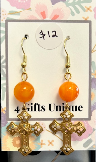 Gold Orange Agate Brass Cross Earrings
