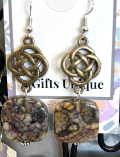 Antique Brass Charoite Large Celtic Earrings